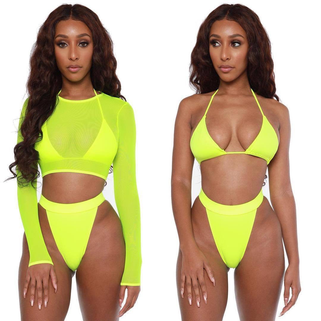 Traje de baño de bikini verde neón de 3 piezas para mujer sexy de manga larga