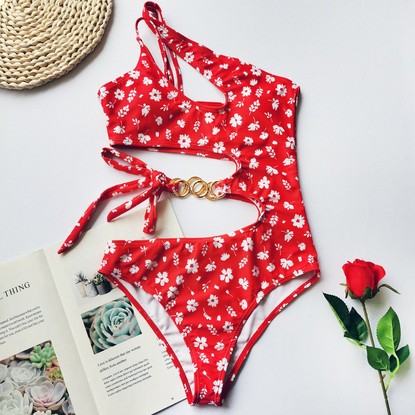 Bow Knot Small Floral One-Piece Irregular Stitching Bikini