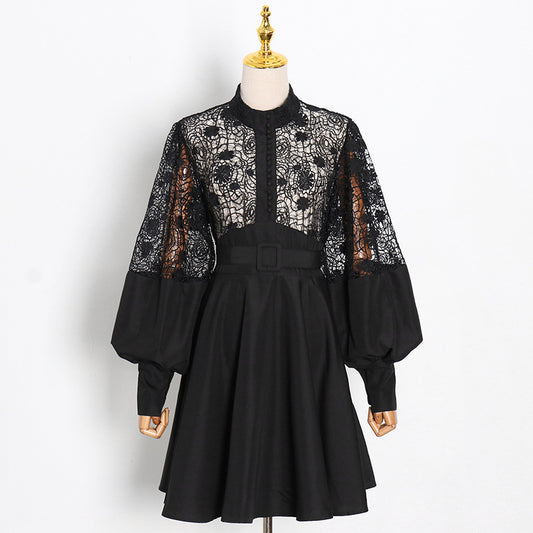 Stand Collar Lantern Sleeve Design Sexy Lace Short Dress