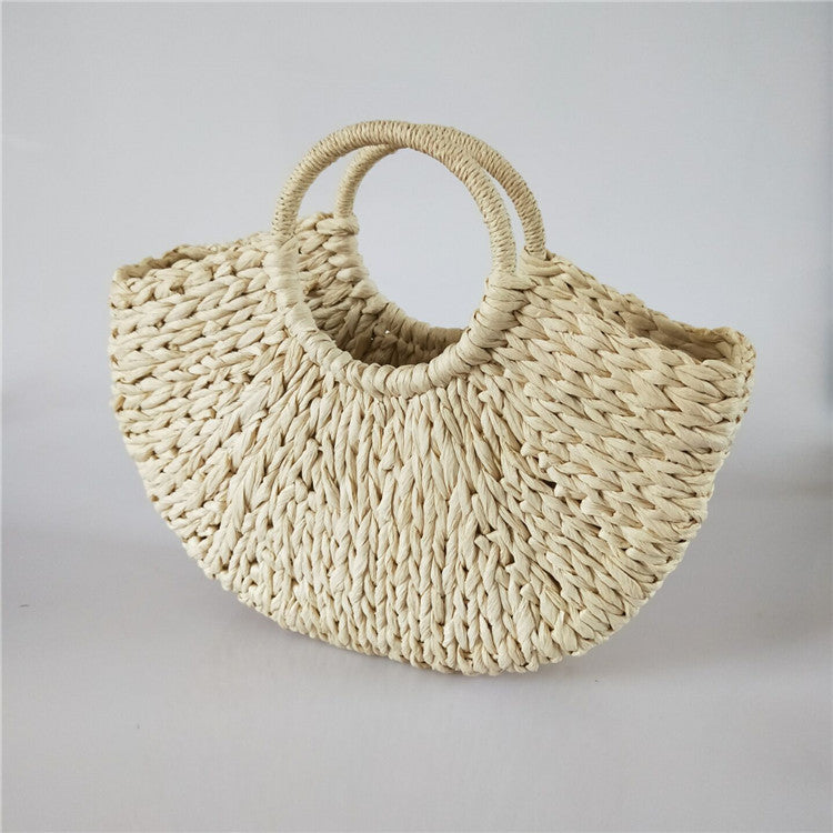 Women Handbag Rattan Wicker Straw Shell Moon, Large Capacity, Casual Travel Tote