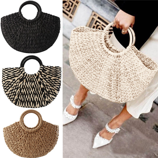 Women Handbag Rattan Wicker Straw Shell Moon, Large Capacity, Casual Travel Tote