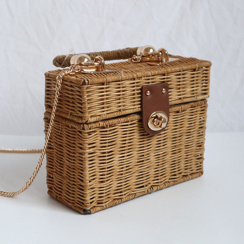 Crossbody Straw Bag Girls Chain Handmade Rattan Bag