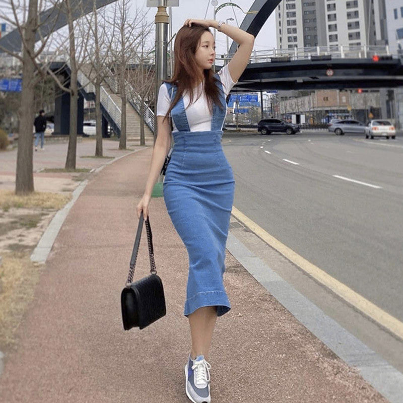 Mid-length Denim Skirt Fashionable Slit Bag Hip Suspender Skirt