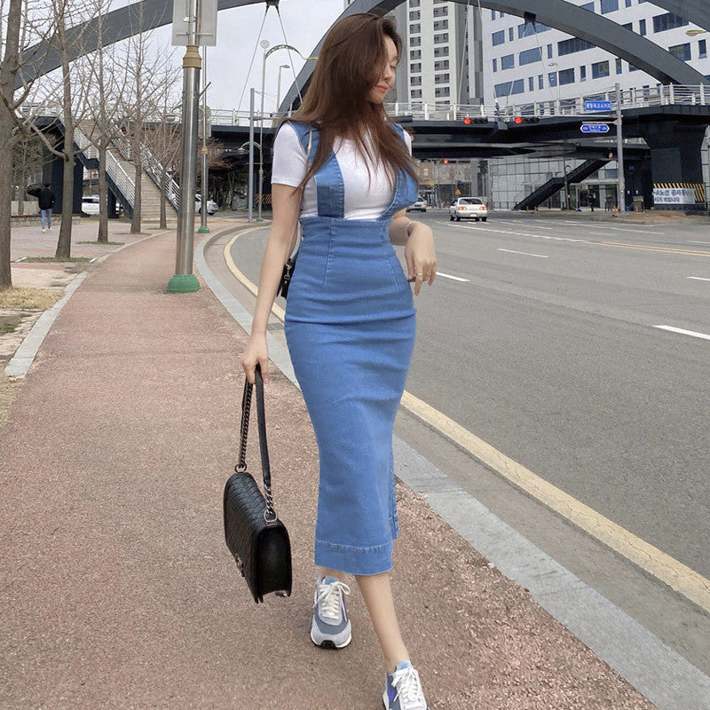 Mid-length Denim Skirt Fashionable Slit Bag Hip Suspender Skirt