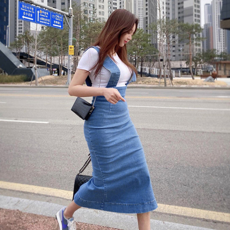 Mid-length Denim Skirt Fashionable Slit Bag Hip Suspender Skirt