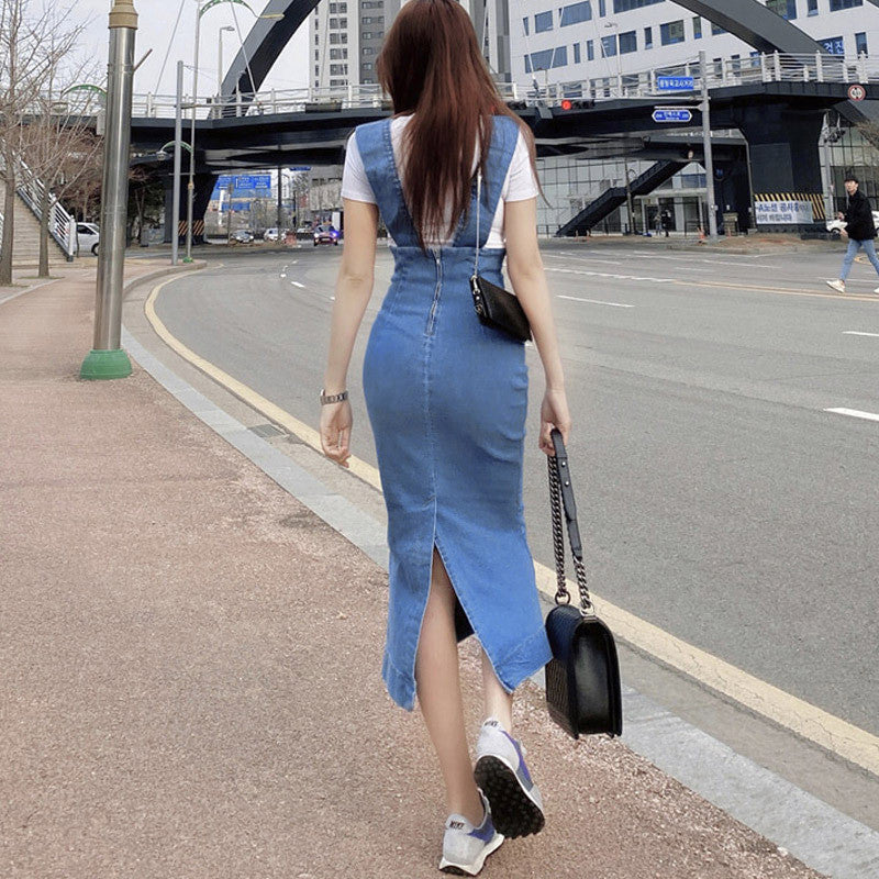 Mid-length Denim Skirt Fashionable Slit Bag Hip Suspender Skirt