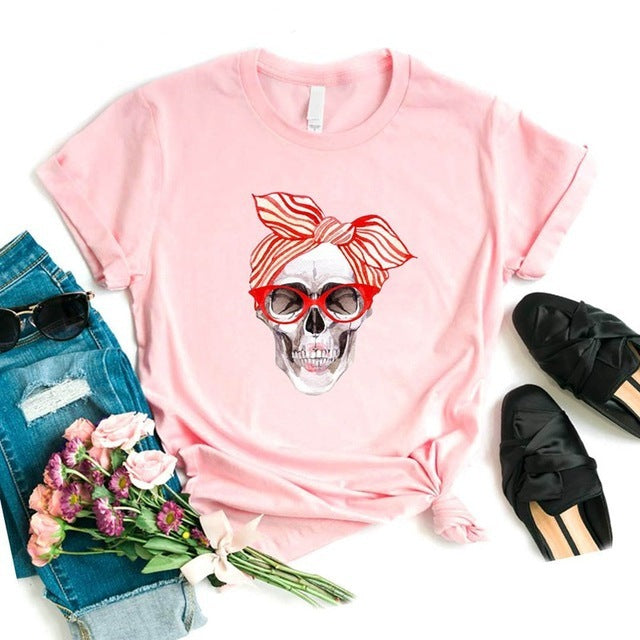 Camiseta de manga corta con estampado de calavera, Top, ropa de moda para mujer