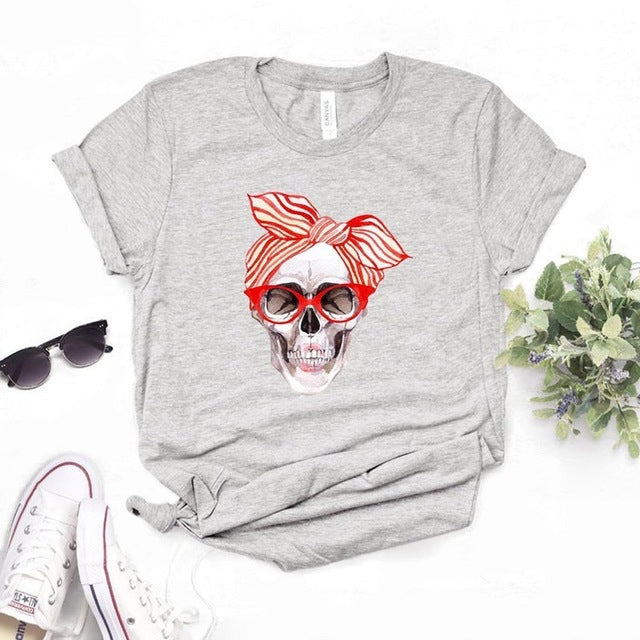 Camiseta de manga corta con estampado de calavera, Top, ropa de moda para mujer