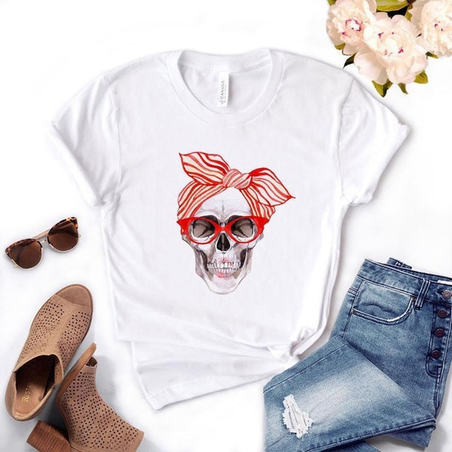 Camiseta de manga corta con estampado de calavera, Top, ropa de moda para mujer