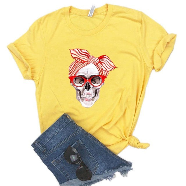 Camiseta de manga corta con estampado de calavera, Top, ropa de moda para mujer