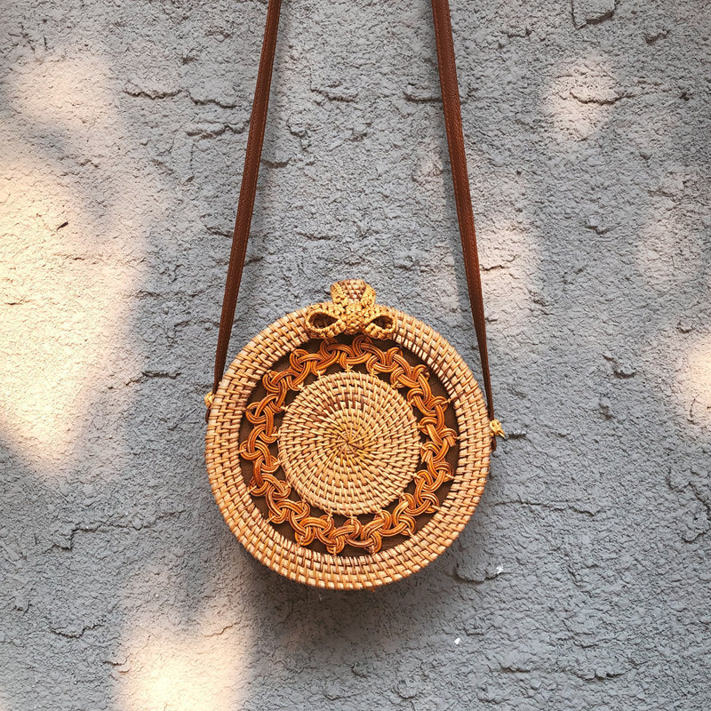 New Bali Rattan Woven Bag, Retro Straw Woven Beach Travel Messenger Round Bag