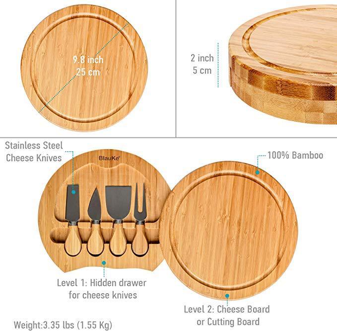 Bamboo Cheese Board and Knife Set 10-inch Round