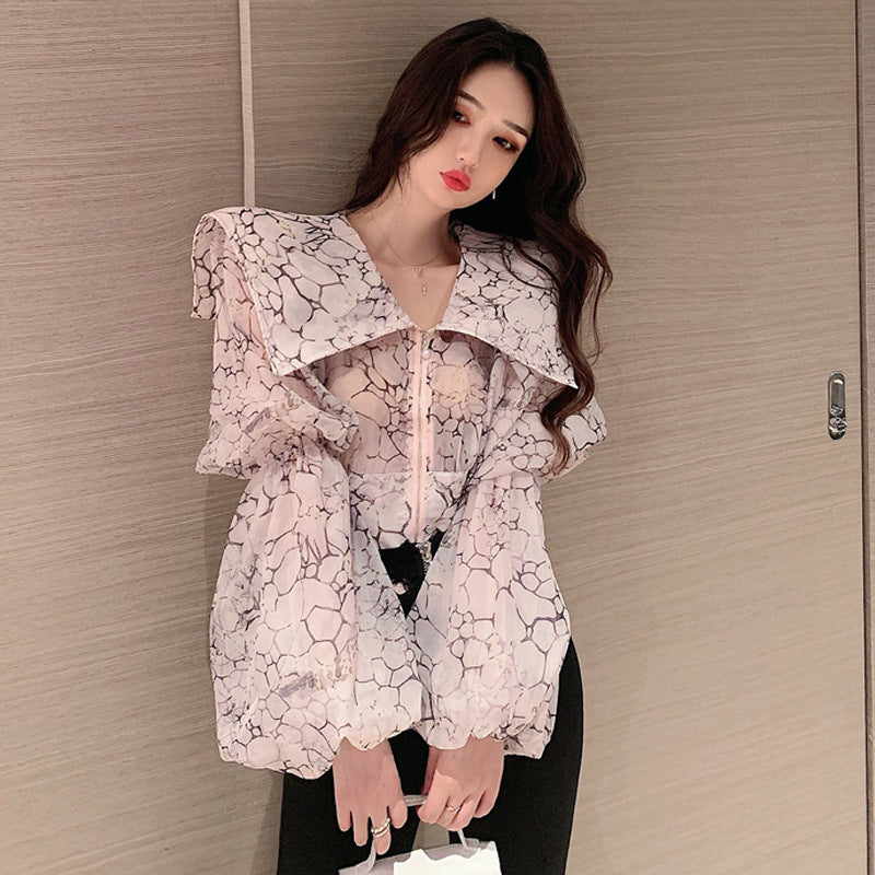 Large Lapel Elegant French Puff Sleeve Flower Shirt Blouse Trendy