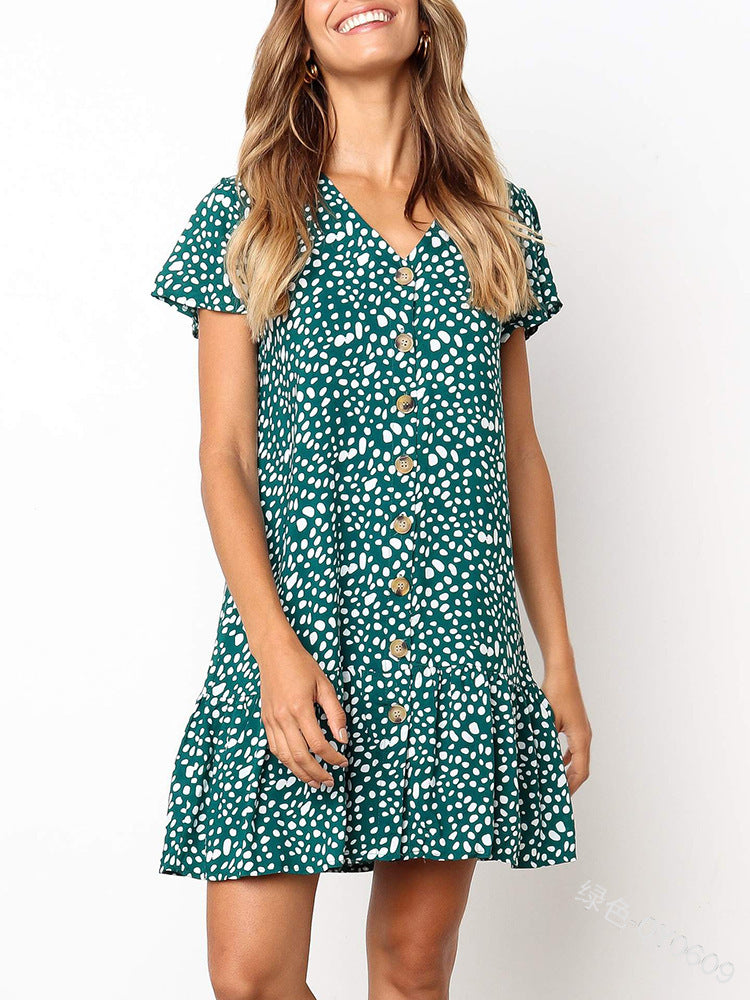 Printed V-neck Button Ruffled Dress