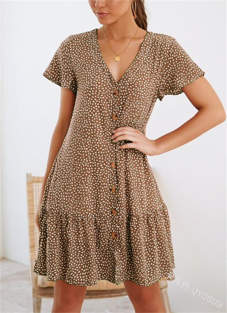 Printed V-neck Button Ruffled Dress