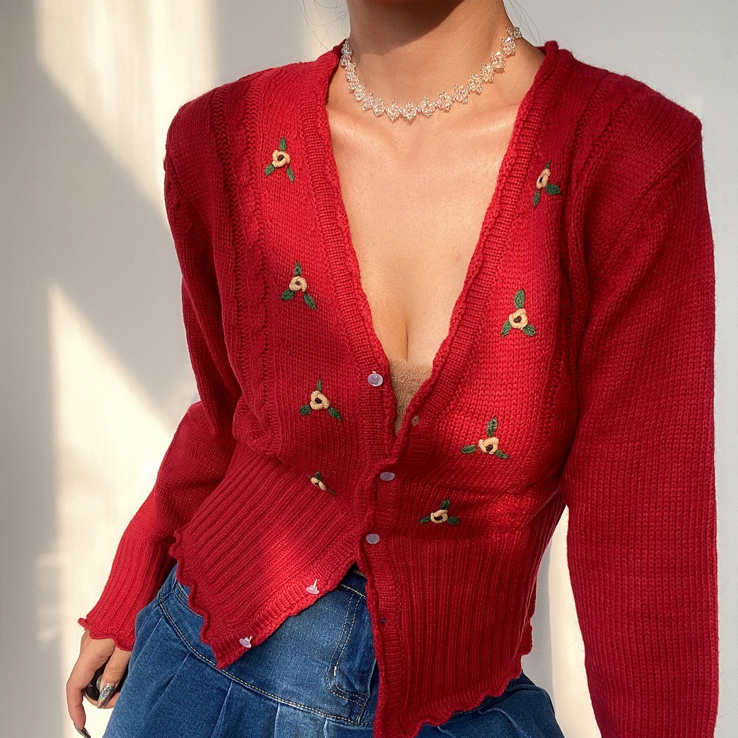 Retro French V-neck Cute Wooden Ears Crochet-breasted Slim Long Sleeve Knit Cardigan Top