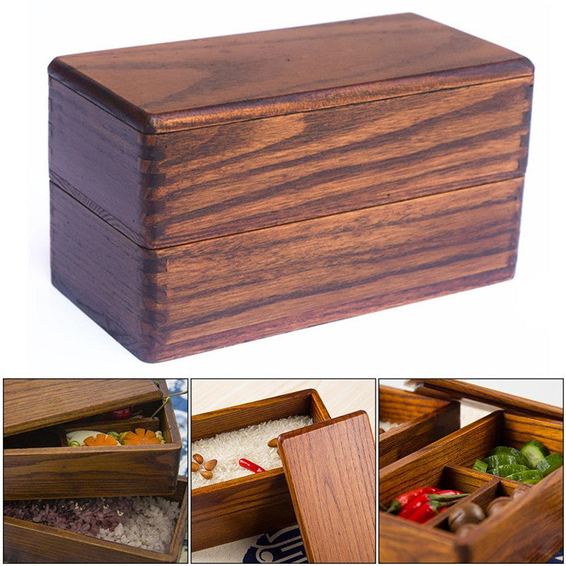 Bento Box Solid Wood Sushi Box Rectangular Double Layer Tableware