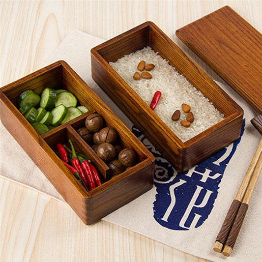 Bento Box Solid Wood Sushi Box Rectangular Double Layer Tableware