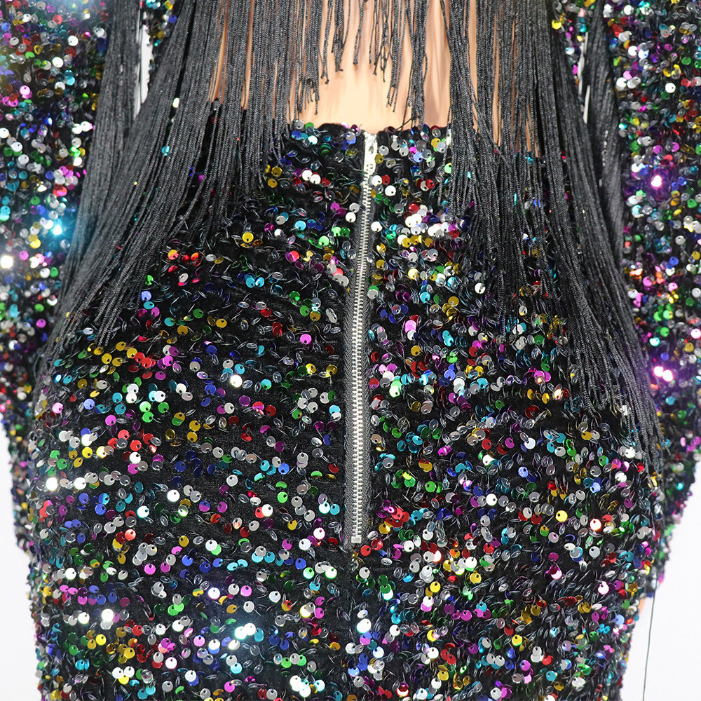 African Dress Elastic Color Spell Tassel Sequin Dress