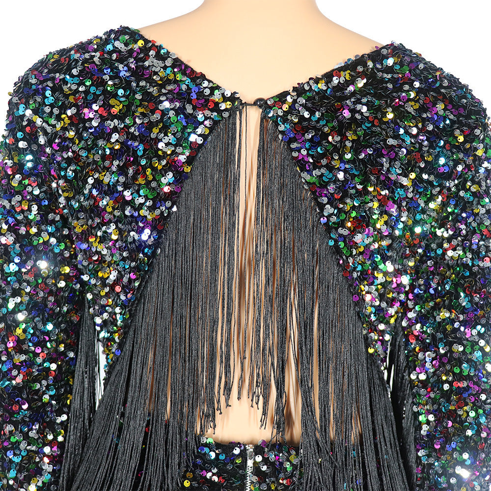 African Dress Elastic Color Spell Tassel Sequin Dress