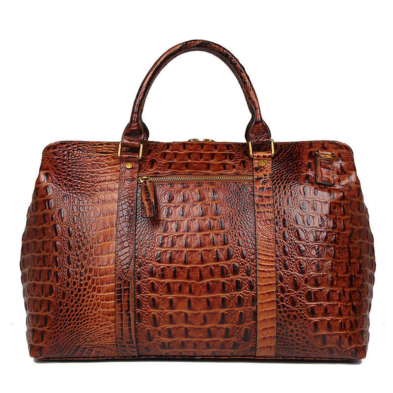 Brown Croc Print Real Leather Duffle Bag