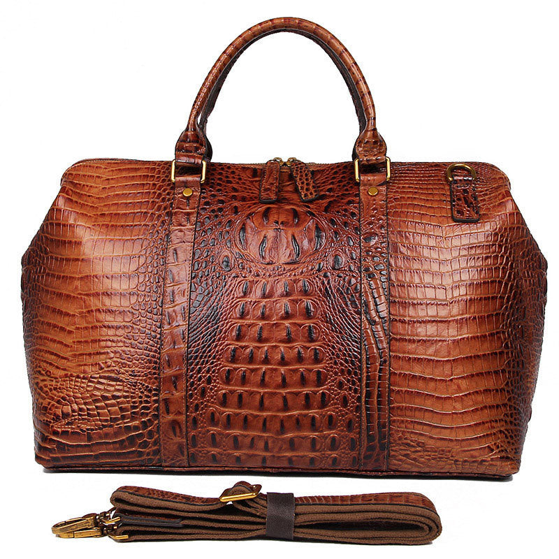 Brown Croc Print Real Leather Duffle Bag