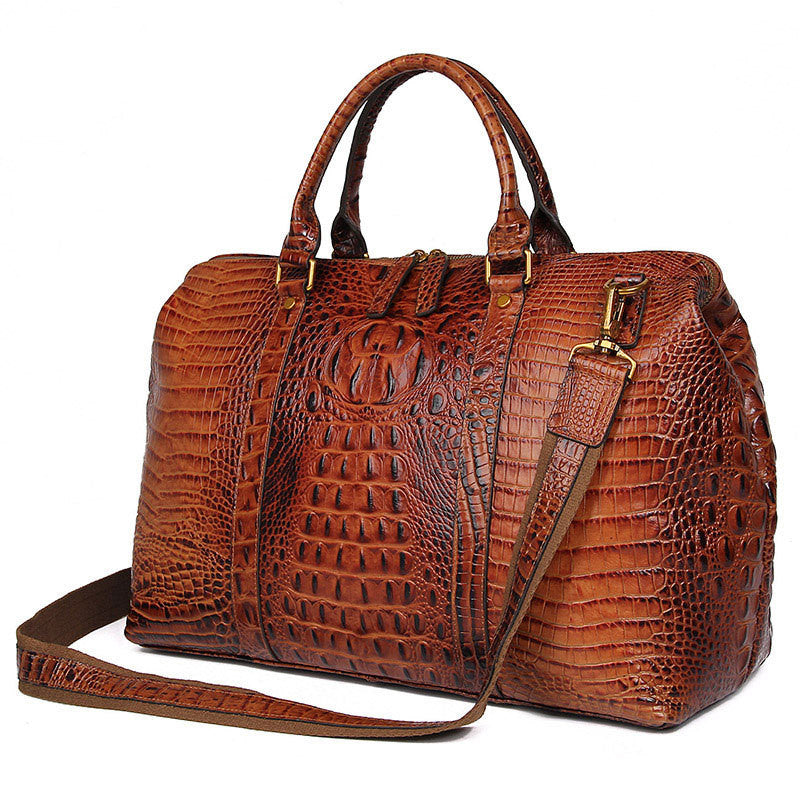 Brown Croc Print Real Leather Duffle Bag