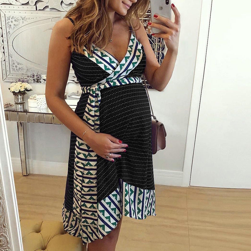 European and American Printed Sling Maternity Dress