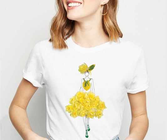 Camiseta con estampado de niña con falda de flores en 3D de moda