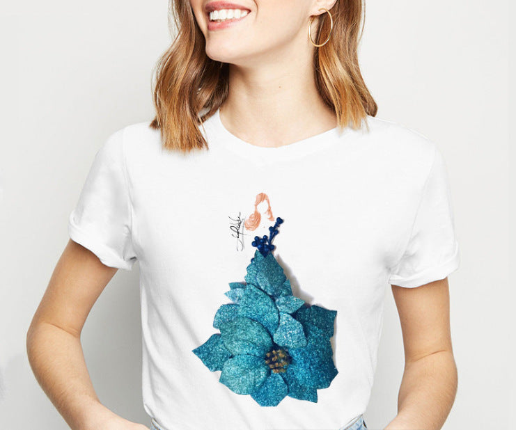 Camiseta con estampado de niña con falda de flores en 3D de moda