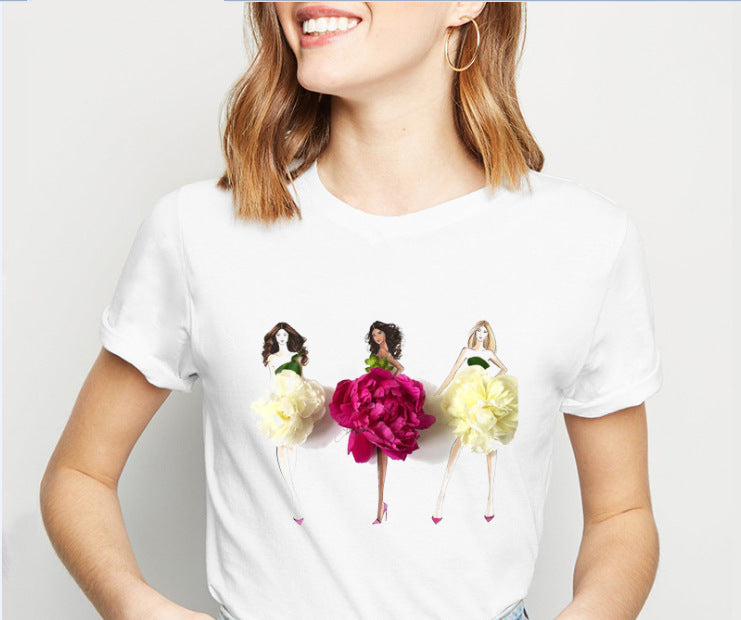 Camiseta con estampado de niña con falda de flores en 3D de moda