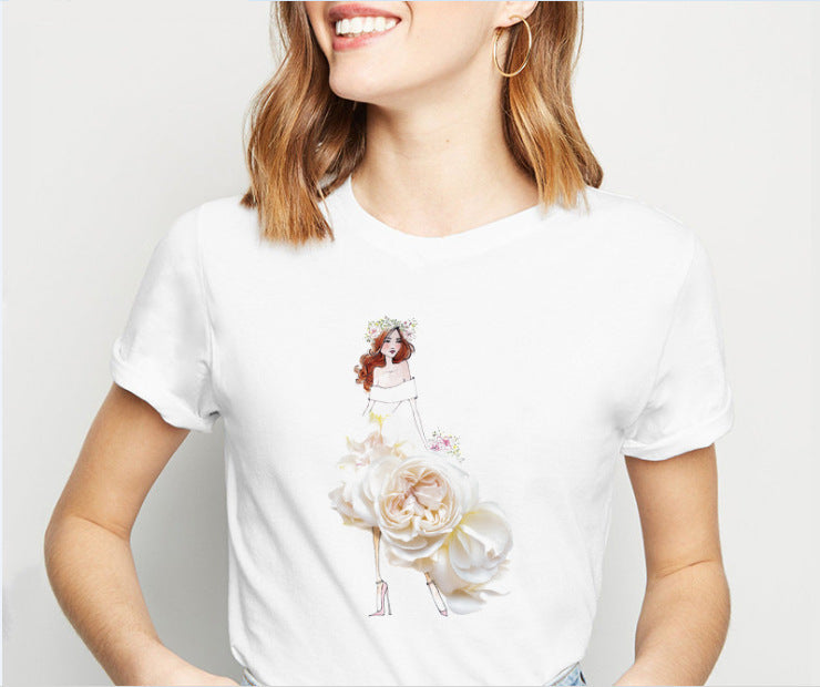 Camiseta con estampado de niña con falda de flores en 3D de moda