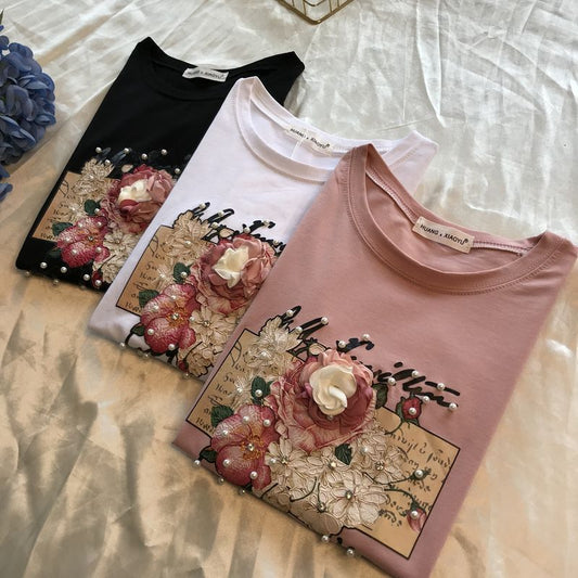 Beaded Sequins Flower Print Short Sleeved T Shirt Women Fashion Top