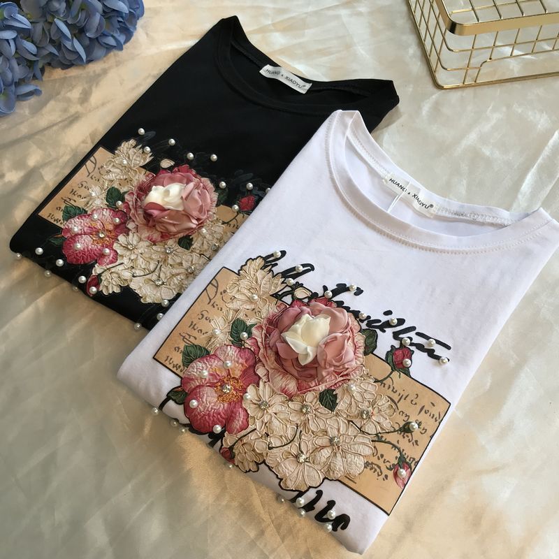 Beaded Sequins Flower Print Short Sleeved T Shirt Women Fashion Top