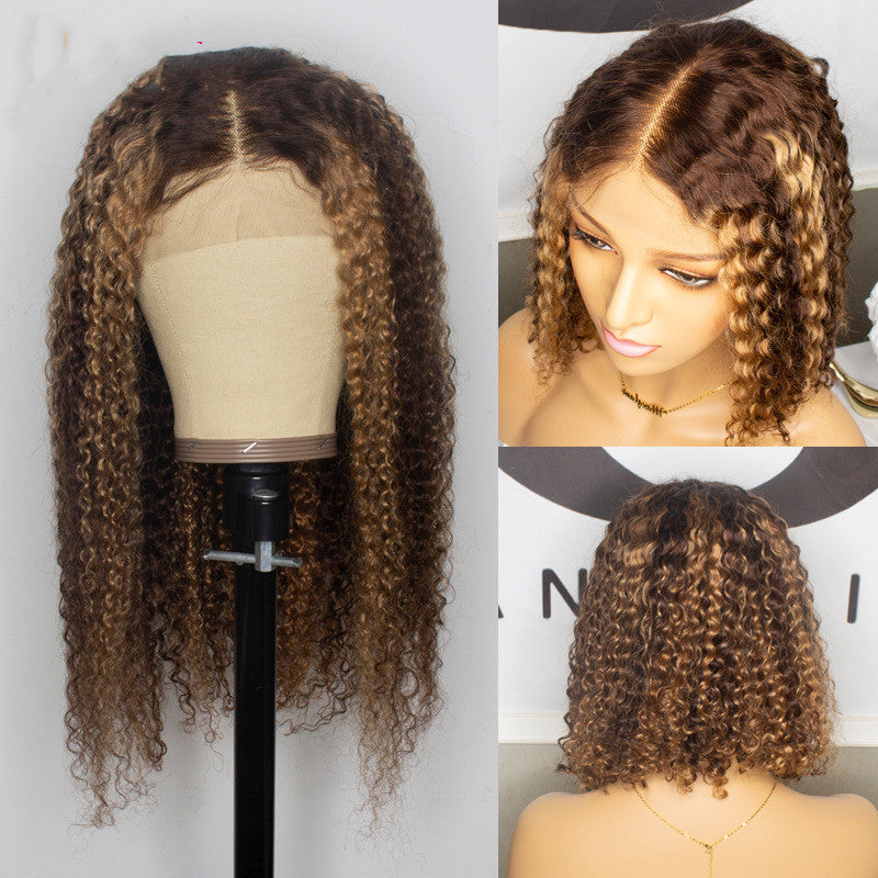 Natural Curly Deep Wave Lace Wig, Piano-color Inter-color Lace Headgear