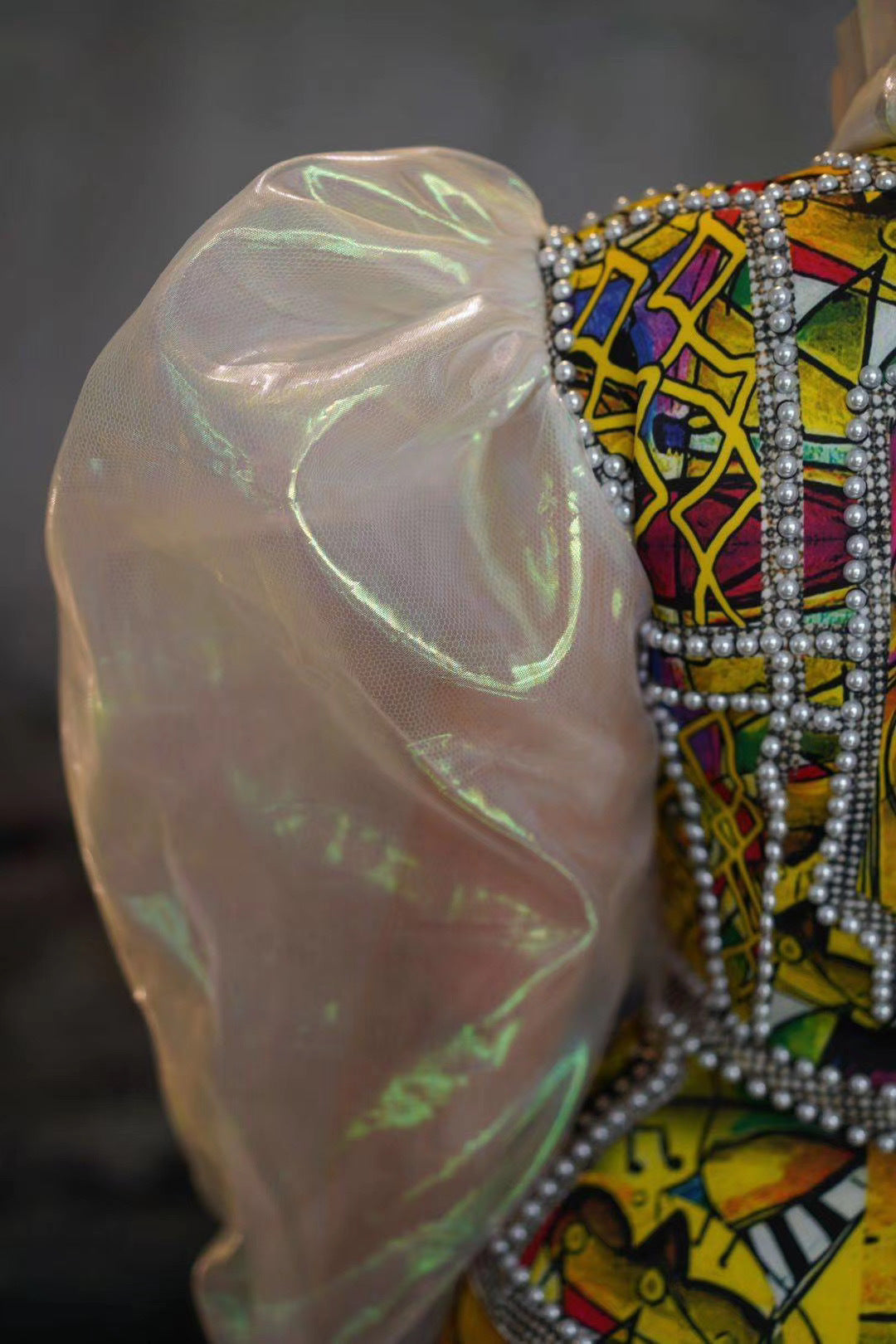 Party Costumes Catwalk Pearl Puff Sleeve Abstract Print One-Piece Female Costumes