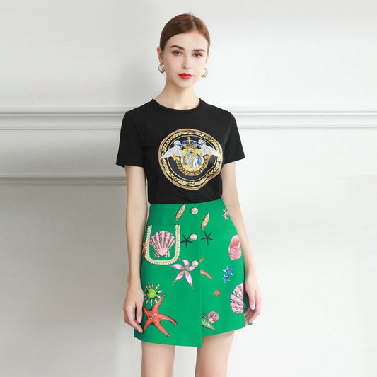 Summer Irregular Skirt With Pearl Buttons And Twill Print