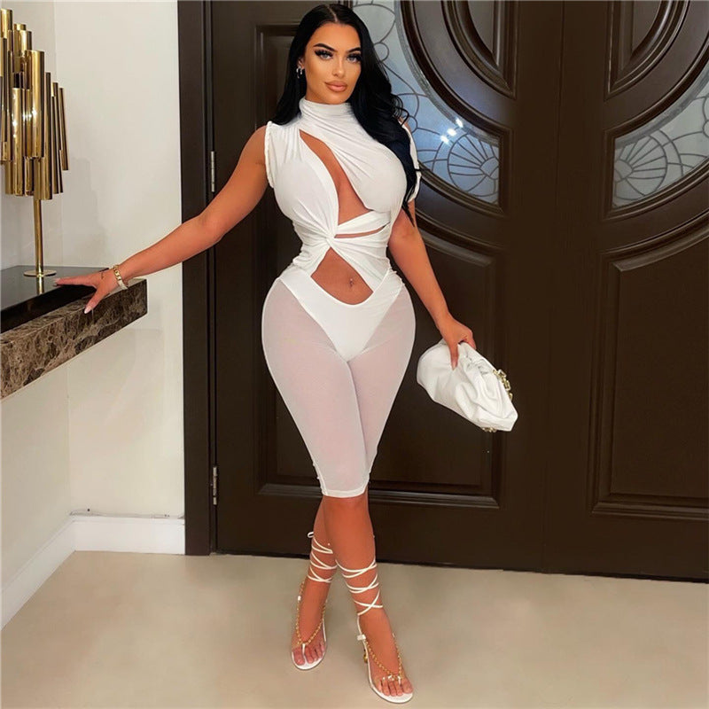 Summer Women's Clothing New Sexy Hollow-out Mesh Stitching High Waist Sheath Sleeveless Tight Jumpsuit