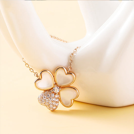 Four Leaf Clover Necklace Pure S925 Silver Zircon White Shell Female