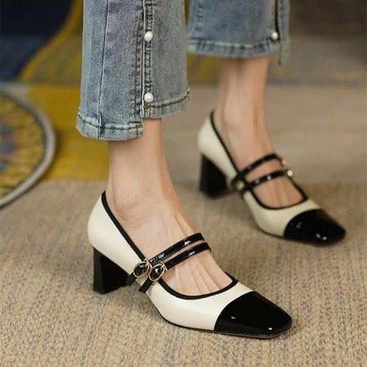 Retro Square Head Color Matching Single Shoe Female