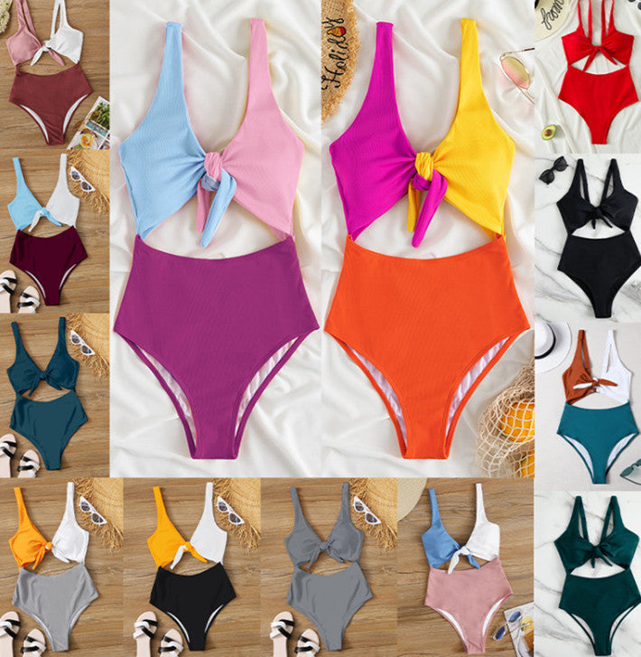 Colorblock Chest Knotted One Piece Swimsuit Two Piece Bikini