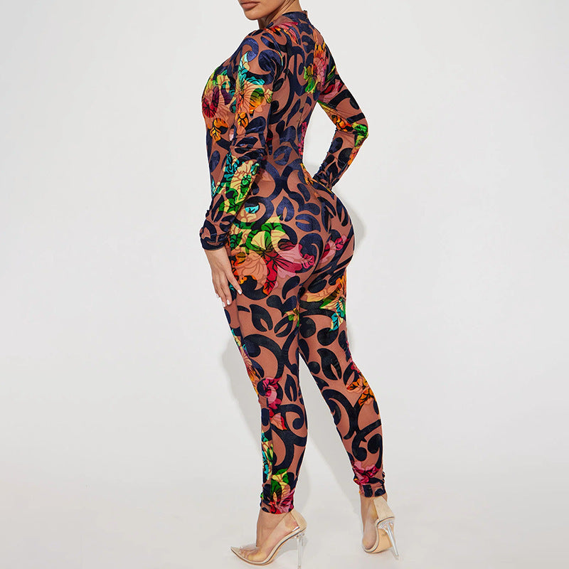 Retro Printed High Elastic Skinny Mesh Jumpsuit