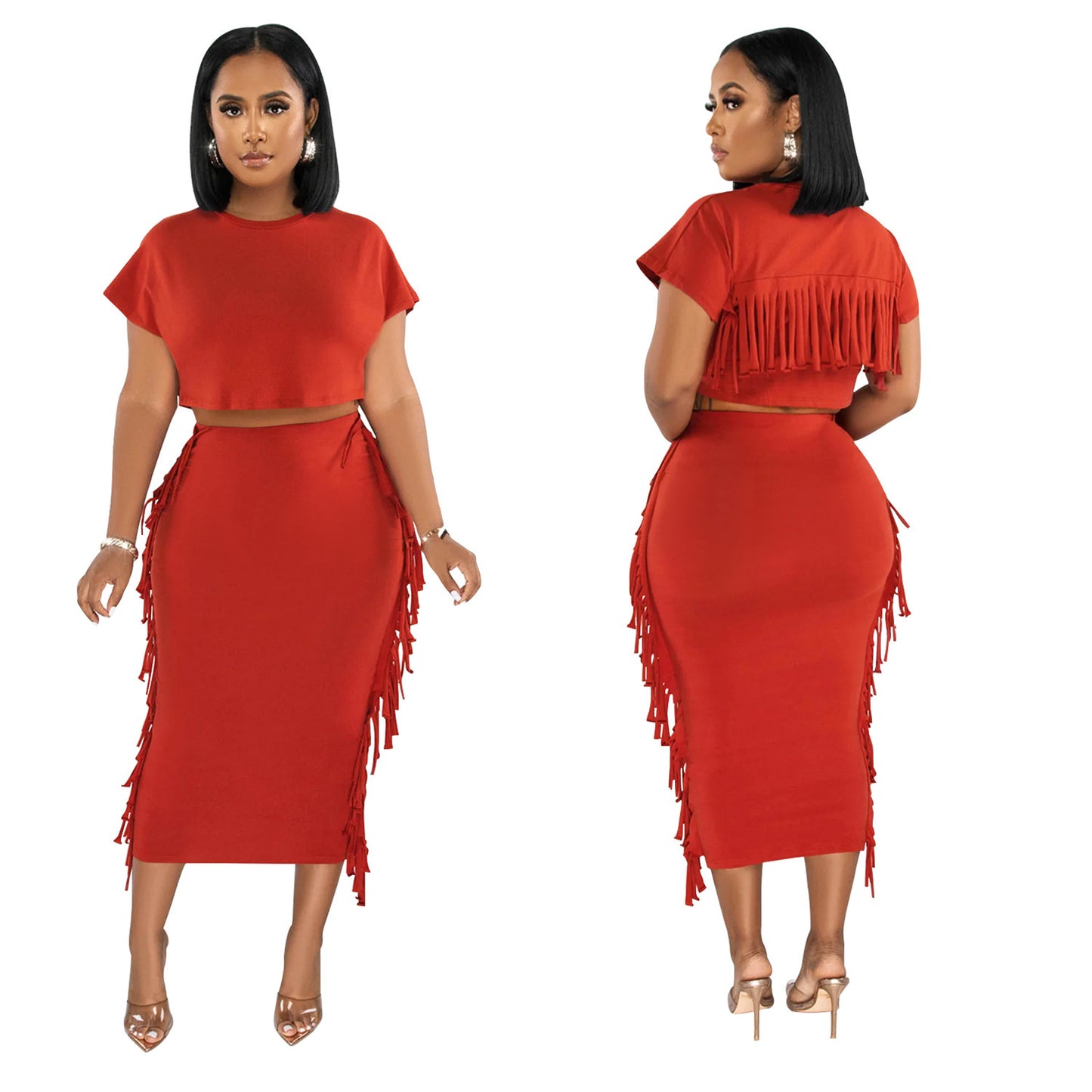 Women's Wear Solid Color Tassel Round Neck Short Sleeve Dress Two-piece Set