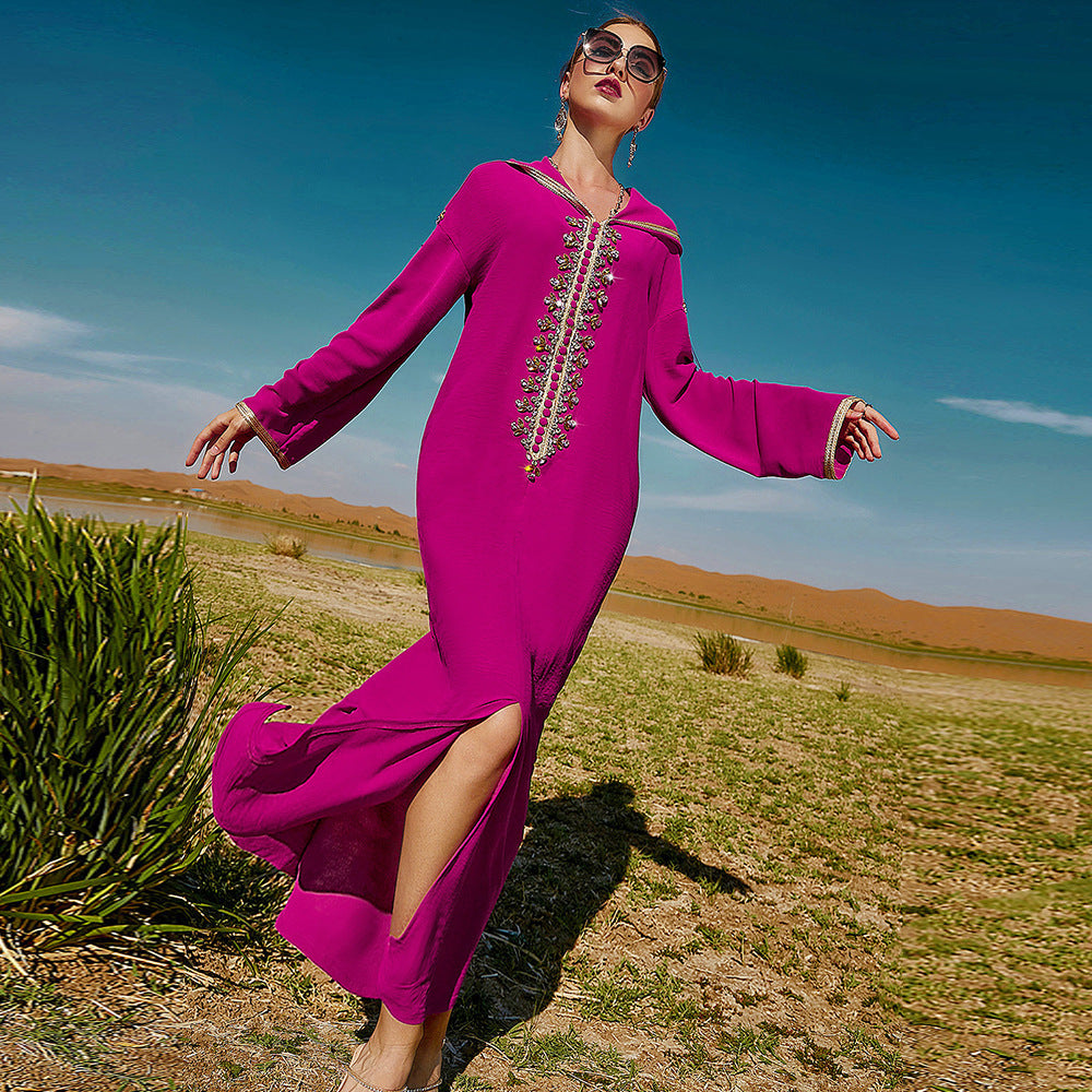 Vestido estilo Dubái marroquí de Oriente Medio con capucha de color rojo rosa para mujer