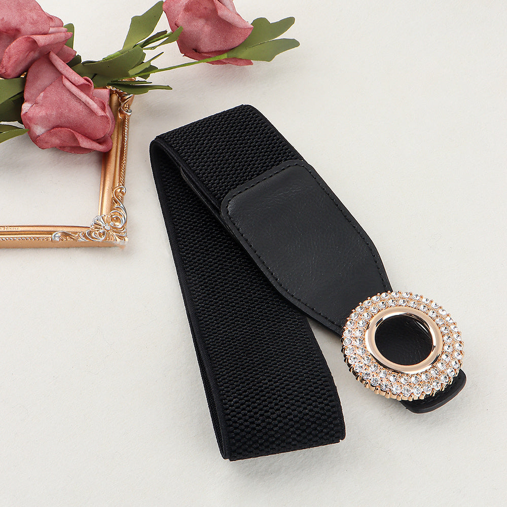 New Ladies Diamond Inlaid Rhinestone Elastic Elastic Belt Simple Round Buckle Skirt Shirt Decoration Suit Belt