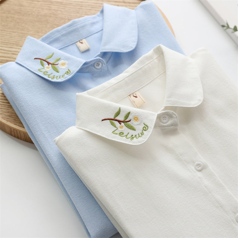 Collar Embroidered Leaves Solid Color Cotton Long-sleeved Shirt For Women French Shirt