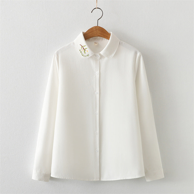 Collar Embroidered Leaves Solid Color Cotton Long-sleeved Shirt For Women French Shirt