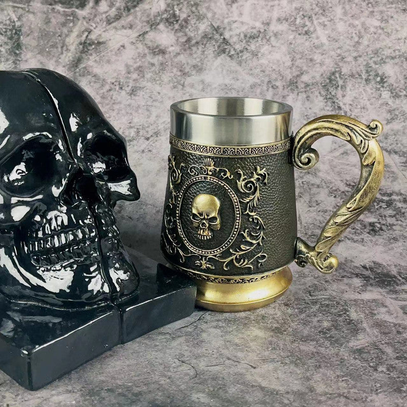 Copa de vino de gran capacidad de acero inoxidable con forma de calavera dorada vintage