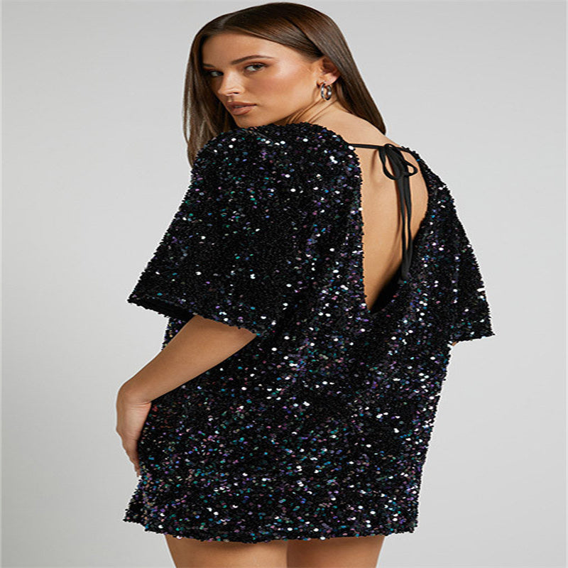 Velvet Sequin Fashion Elegant V-neck Backless Short Sleeve Dress