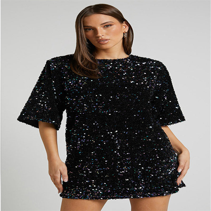 Velvet Sequin Fashion Elegant V-neck Backless Short Sleeve Dress